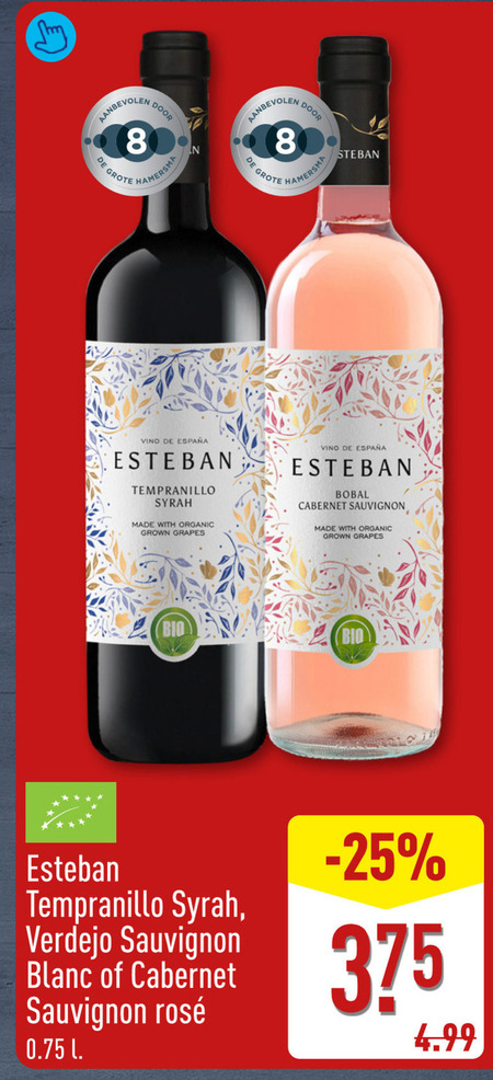 rode wijn witte rose 8 hamersma vino esteban tempranillo syrah with organic grown grapes bobal cabernet sauvignon bio blanc rosee l folder aanbieding bij Aldi
