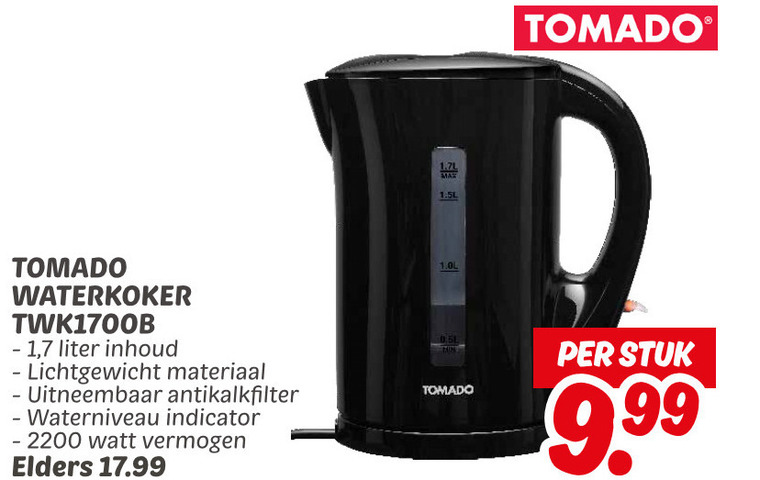 tomado waterkoker 1 7 liter inhoud lichtgewicht materiaal uitneembaar antikalkfilter waterniveau indicator watt vermogen elders stuk folder aanbieding bij Dekamarkt Tomado waterkoker folder aanbieding bij Dekamarkt - details