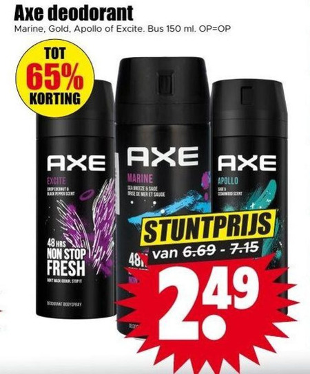 axe deodorant 48 65 150 marine gold apollo excite bus ml black pepper scent sea brise stop fresh mask folder aanbieding bij Dirk Axe deodorant folder aanbieding bij Dirk - details