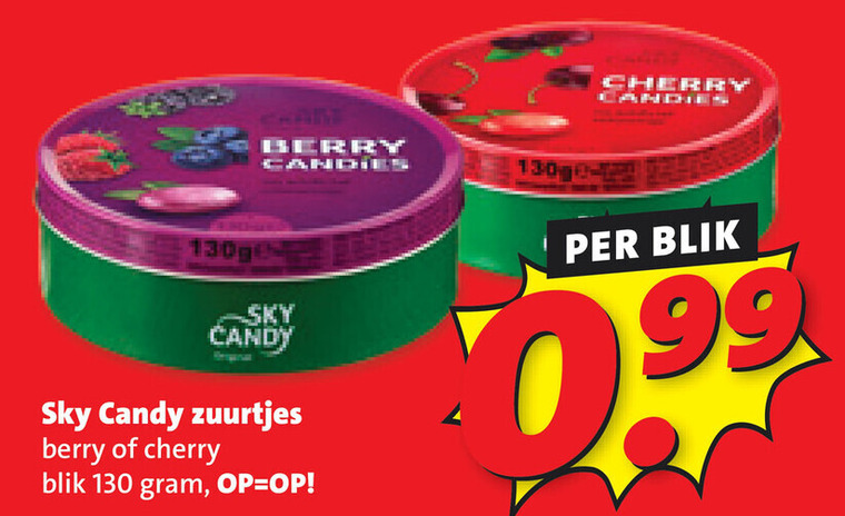 snoep 99 cham berry sky candy zuurtjes cherry blik folder aanbieding bij Boni