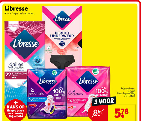 libresse maandverband 3 10 14 20 22 100 super adaptive technology dailies protection freshness liners underwear washable up to organic cotton kans tickets zaterdag juni goodnight ultra large wings total leak free comfy-cat center smart protect regular verband wing stuks folder aanbieding bij Kruidvat Libresse maandverband folder aanbieding bij Kruidvat - details