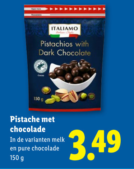 chocolade 150 pistachios with dark chocolate pistache melk folder aanbieding bij Lidl