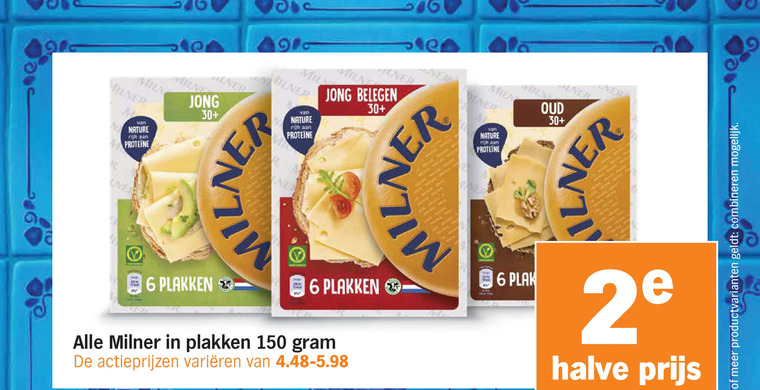 milner kaasplakken 6 9 90 150 jong 30 nature rij rijk proteine belegen oud varieeren 2 halve productvarianten combineren folder aanbieding bij Albert Heijn Milner kaasplakken folder aanbieding bij Albert Heijn - details