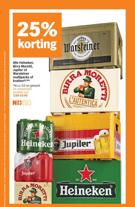 heineken jupiler warsteiner birra moretti krat bier 2 6 18 24 25 productvarianten combineren aanbieding maximaal kratten dozen reine diplome dam honneur original das einzig wahre familientradition seit multipacks gekoeld varieeren folder aanbieding bij Albert Heijn Warsteiner krat bier folder aanbieding bij Albert Heijn - details