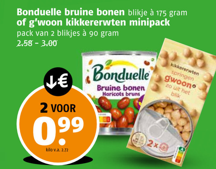 Bonduelle   kikkererwten, bruine bonen folder aanbieding bij  Poiesz - details
