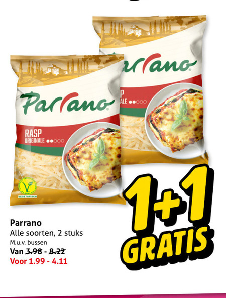 Parrano   geraspte kaas folder aanbieding bij  Hoogvliet - details