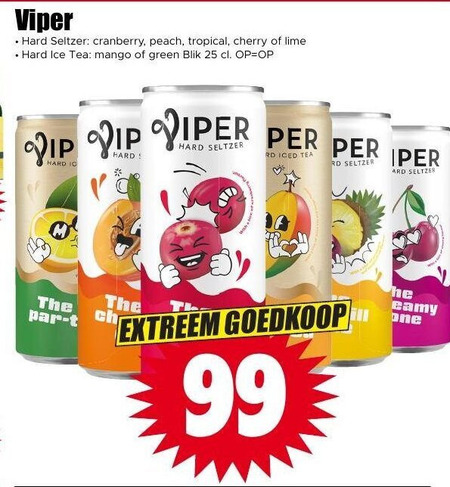 hard seltzer 25 99 viper cranberry peach tropical cherry lime ice tea mango green blik vip extreem one folder aanbieding bij Dirk