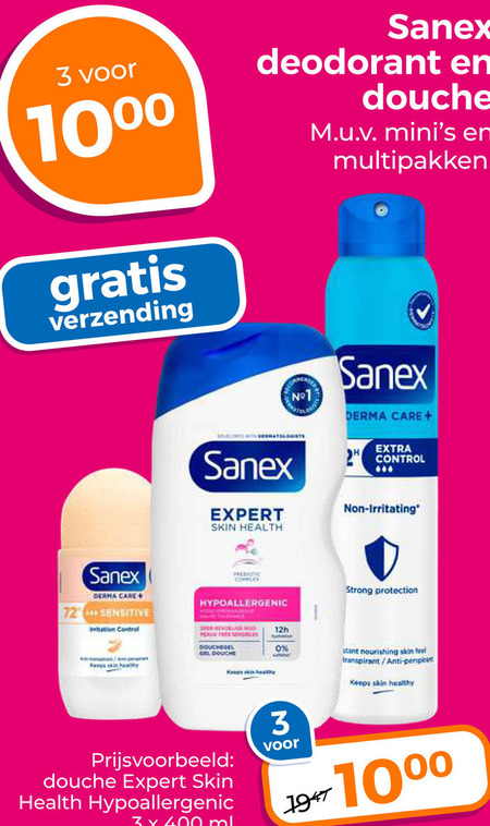 sanex deodorant douchegel 1 3 400 1000 10 verzending douche multipakken derma care control expert skin health sensitive complex reveal strong protection peaux gel instant nourishing feel transpirant anti keeps heal ml healthy folder aanbieding bij Trekpleister Sanex douchegel, deodorant folder aanbieding bij Trekpleister - details