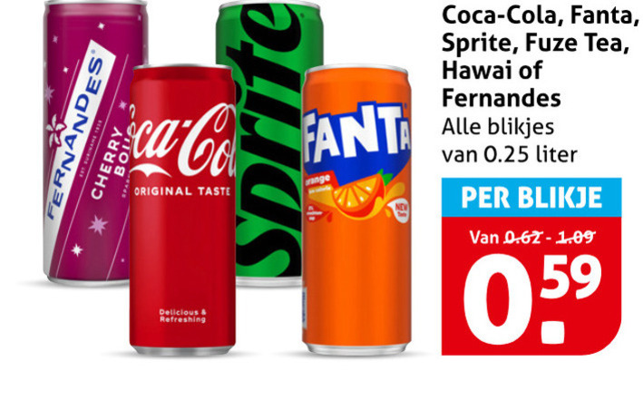 coca-cola fernandes sprite fuze tea frisdrank ice cola cherry original taste refreshing range coca fanta hawaii blikjes 0.25 liter blikje folder aanbieding bij Hoogvliet Coca-Cola frisdrank, cola folder aanbieding bij Hoogvliet - details