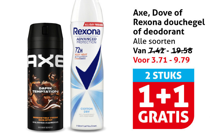 axe rexona dove douchegel deodorant 1 2 dark temptation all day fred advanced protection 72h body heat cotton dry fresh let you down soorten stuks folder aanbieding bij Hoogvliet Axe deodorant, douchegel folder aanbieding bij Hoogvliet - details
