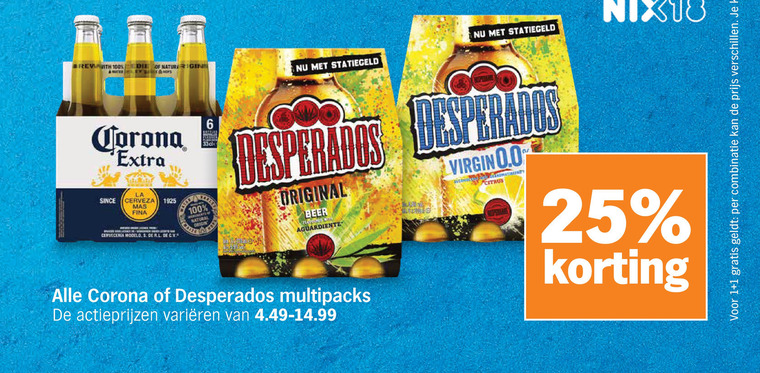 desperados corona speciaalbieren 1 25 100 combinatie nix18 la since cerveza cerveceria natural origin original beer multipacks varieeren virgin 0.0 citrus folder aanbieding bij Albert Heijn Corona speciaalbier folder aanbieding bij Albert Heijn - details