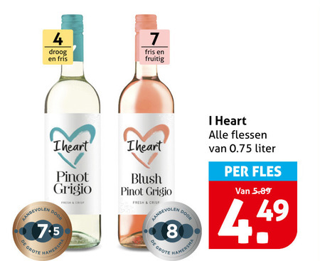 i heart rose witte wijn 4 7 8 droog fris fruitig pinot grigio fresh crisp hamersma blush flessen liter fles folder aanbieding bij Hoogvliet I Heart witte wijn, rose folder aanbieding bij Hoogvliet - details