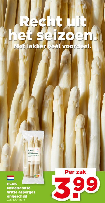 asperges 1 500 recht seizoen voordeel nederlandse witte klasse ongeschild zak 3.99 folder aanbieding bij Plus