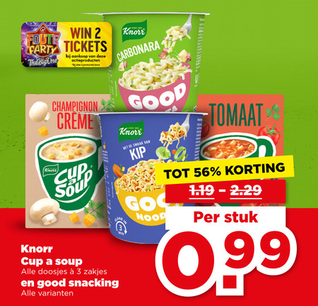 cup a soup noodles soep 2 3 win party tickets actieproducten knorr carbonara champignon creme doosjes zakjes good snacking min kip go nood tomaat stuk folder aanbieding bij Plus Cup a Soup noodles, soep folder aanbieding bij Plus - details