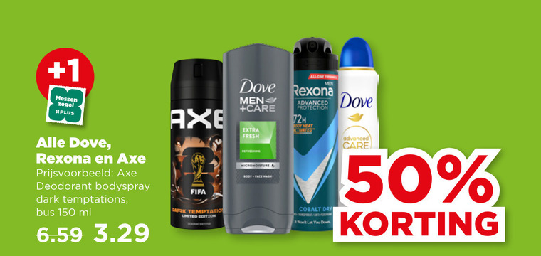 rexona dove axe deodorant 50 150 1 messen zegel bodyspray dark temptations bus ml fifa temptation limited edition men care fresh refreshing body face wash all day advanced protection 72h cobalt dry let you down folder aanbieding bij Plus Dove deodorant folder aanbieding bij Plus - details