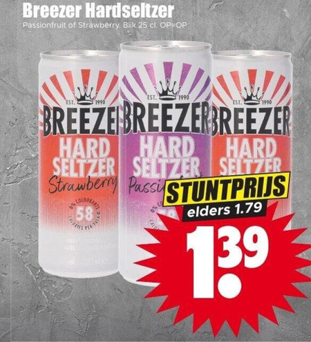 breezer hard seltzer 25 passionfruit strawberry blik breeze elders folder aanbieding bij Dirk Breezer hard seltzer folder aanbieding bij Dirk - details