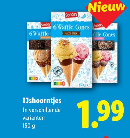 ijscornets 6 150 sondey waffle cones sonde cocoa glazen ijshoorntjes folder aanbieding bij Lidl