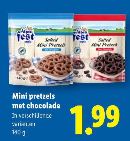 chocolade 140 alpen style salted mini pretzels chocolate folder aanbieding bij Lidl