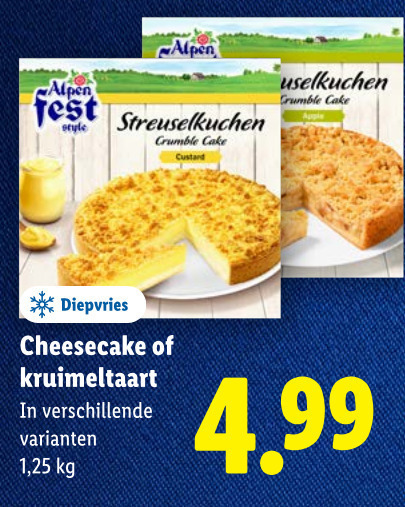 taart alpen style crumble cake custard diepvries cheesecake kruimeltaart 1 25 folder aanbieding bij Lidl
