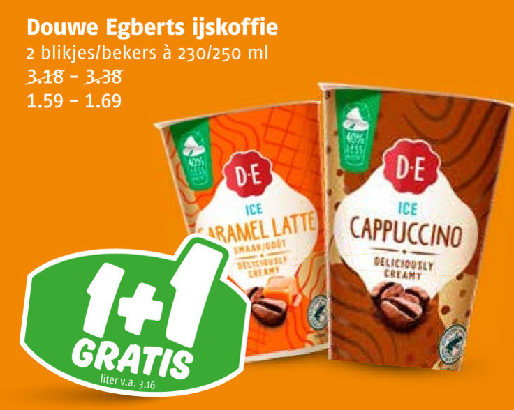 douwe egberts ijskoffie 1 2 blikjes bekers 250 ml mess liter v.a. ice caramel latte creamy cappuccino folder aanbieding bij Poiesz Douwe Egberts ijskoffie folder aanbieding bij Poiesz - details
