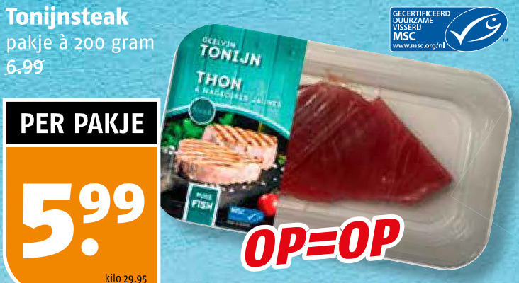 tonijn 200 tonijnsteak pakje thon gecertificeerd duurzame visserij www.msc.org nl fish kilo folder aanbieding bij Poiesz