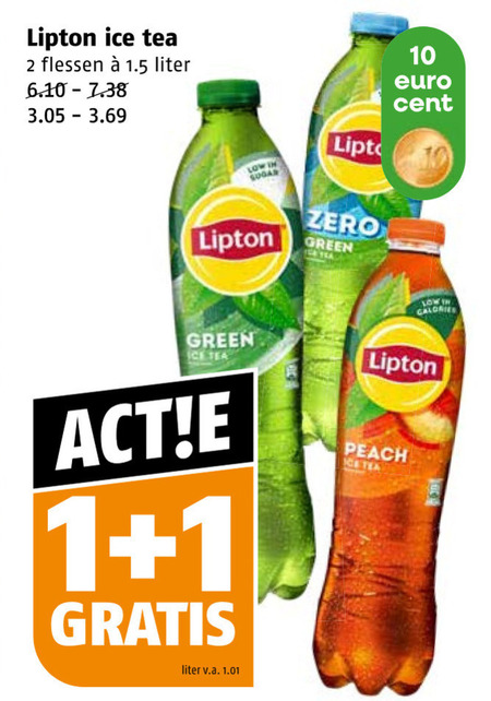 lipton ice tea 1 2 10 flessen liter sugar zero green cent calories v.a. peach folder aanbieding bij Poiesz Lipton ice tea folder aanbieding bij Poiesz - details
