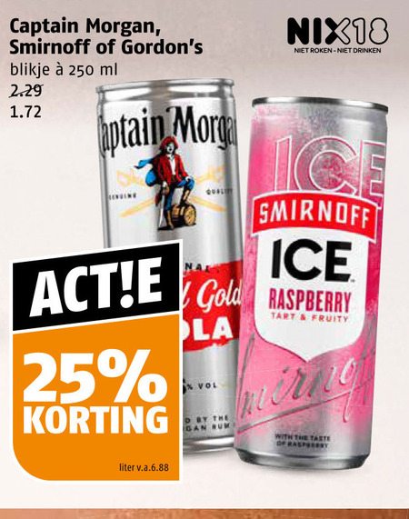captain morgan gordons smirnoff mixdrank 25 250 blikje ml nix18 roken drinken ice gold raspberry la by rum tart fruity with taste liter folder aanbieding bij Poiesz Captain Morgan mixdrank folder aanbieding bij Poiesz - details