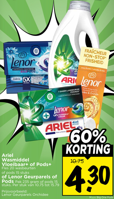 lenor ariel wasmiddel wasverzachter 7 15 20 60 allin zeebries 5x otra verwijdering zachtheid stop schudden dagen fraicheur longue parfum gear boost touch color vloeibaar fles wasbeurten stuks geurparels pak stuk orchidee france 4in1 big one folder aanbieding bij Vomar Ariel wasmiddel, wasverzachter folder aanbieding bij Vomar - details