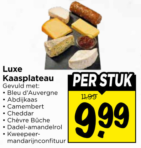 buitenlandse kaas luxe kaasplateau gevuld bleu abdijkaas camembert cheddar be dadel stuk folder aanbieding bij Vomar