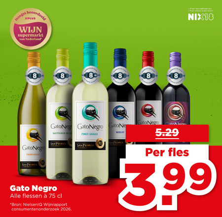 gato negro witte wijn rose rode 8 10 25 160 beoordeeld supermarkt nederland jaar legitimatie alcohol nix18 indoor dod hamersma latte chardonnay san pedro merlot sauvignon pinot grigio fles flessen consumentenonderzoek 3.99 folder aanbieding bij Plus Gato Negro witte wijn, rode wijn folder aanbieding bij Plus - details