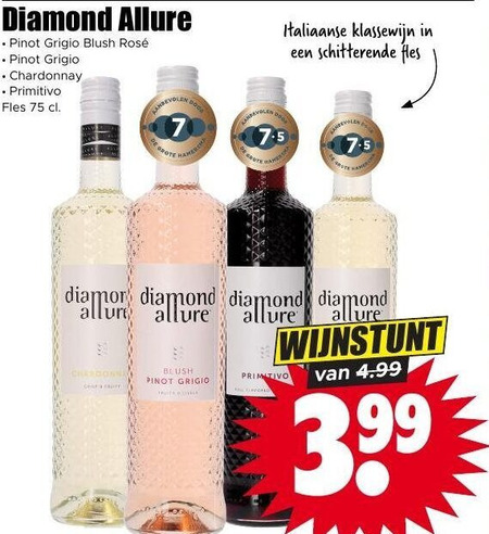 witte wijn rose rode 7 diamond allure pinot grigio blush rosee chardonnay primitivo fles italiaanse klassewijn 3.99 folder aanbieding bij Dirk