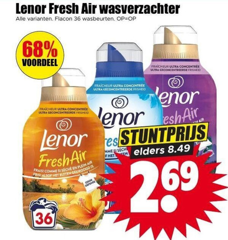 lenor wasverzachter 36 fresh air flacon wasbeurten voordeel fraicheur ultra geconcentreerde fris buiten gedroogd frais plein odor defense elders folder aanbieding bij Dirk Lenor wasverzachter folder aanbieding bij Dirk - details