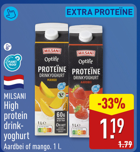 drinkyoghurt 1 milsani planet proof optifit mango aardbei high protein drink yoghurt nutri score pak vet toegevoegde le l folder aanbieding bij Aldi