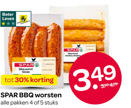 barbecueworstjes 4 5 30 beter leven dieren bescherming bbqworst texas bbq worsten pakken stuks worst smokey chicken 3 folder aanbieding bij Spar