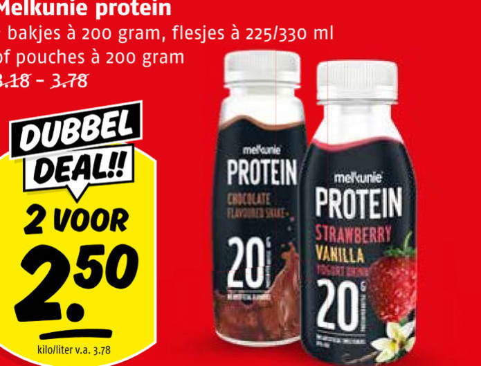 melkunie zuivelsnack 2 20 200 protein bakjes 225 330 ml pouches dubbel deal kilo liter v.a. melanie chocolate flavoured strawberry vanilla folder aanbieding bij Poiesz Melkunie zuivelsnack folder aanbieding bij Poiesz - details