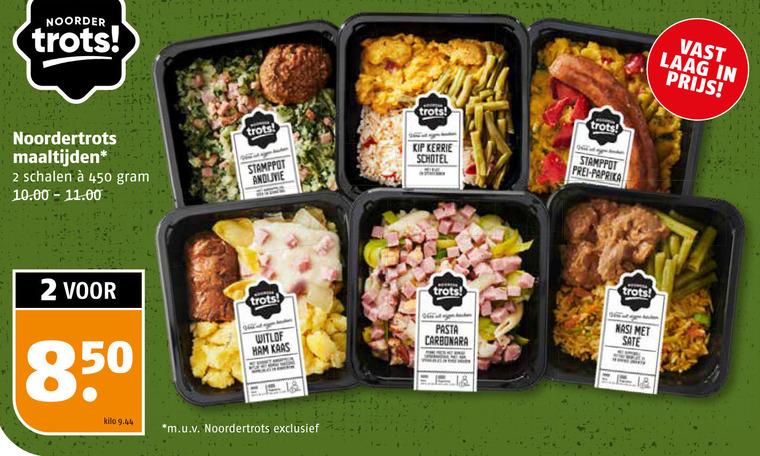 hollandse kant en klaar maaltijd 2 450 noorder trots noordertrots maaltijden schalen stamppot kerrie schotel prei paprika pasta carbonara nasi sate kilo witlof ham kaas m.u.v vast laag folder aanbieding bij Poiesz