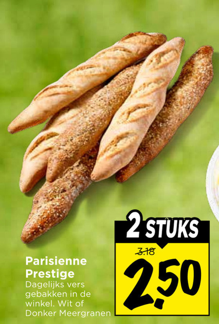 stokbrood 2 250 parisienne prestige dagelijks vers gebakken wit donker meergranen stuks folder aanbieding bij Vomar