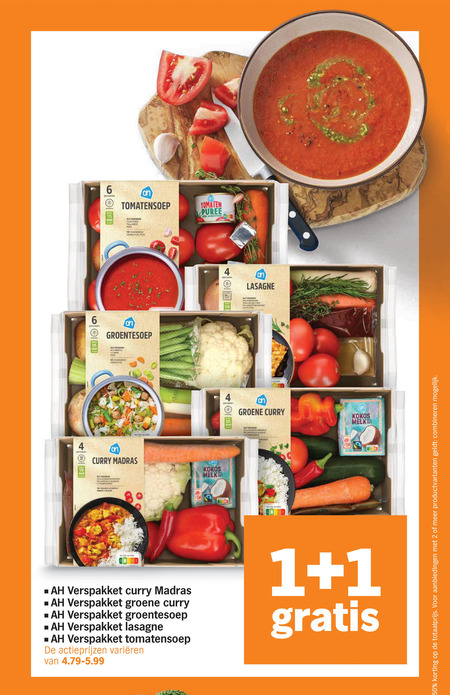 soepgroenten 1 2 4 6 30 50 personen tomatensoep tomaten puree pad groentesoep curry madras score kokos melk lasagne moore groene verspakket varieeren productvarianten combineren folder aanbieding bij Albert Heijn