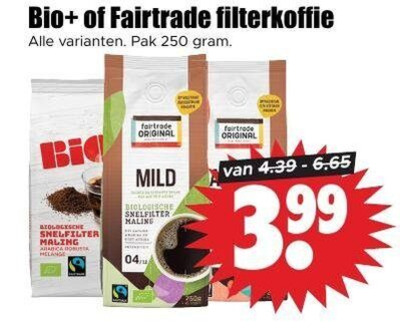 bio plus fair trade original koffie 250 fairtrade filterkoffie pak mild biologische snelfilter maling 3.99 folder aanbieding bij Dirk Bio Plus koffie folder aanbieding bij Dirk - details