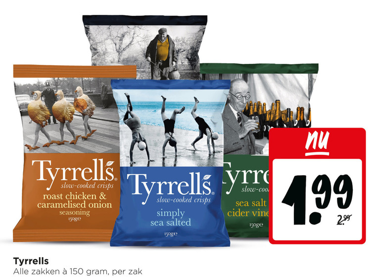 tyrells chips 19 99 150 tyrrells cooked crisps roast chicken caramelised onion seasoning simply sea salted salt cider vine zakken zak folder aanbieding bij Jumbo Tyrells chips folder aanbieding bij Jumbo - details