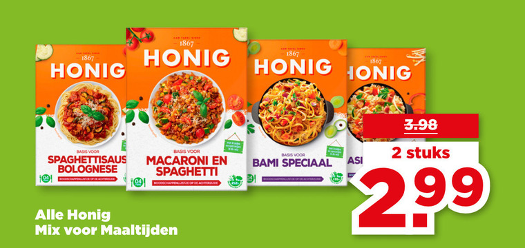 honig maaltijdmix 2 1867 basis spaghettisaus bolognese macaroni spaghetti achterzijde mix maaltijden tube bami stuks folder aanbieding bij Plus Honig maaltijdmix folder aanbieding bij Plus - details