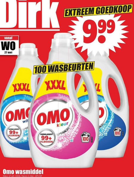 omo wasmiddel 5 27 100 verwijdert 99 vlekken wit extreem wasbeurten kleur flacon liter folder aanbieding bij Dirk Omo wasmiddel folder aanbieding bij Dirk - details