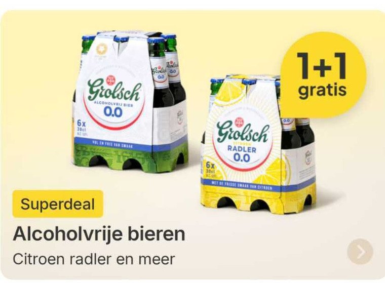 grolsch radler bier 1 9 6x alcoholvrij 0.0 fris frisse citroen alcoholvrije bieren folder aanbieding bij Picnic Grolsch radler bier folder aanbieding bij Picnic - details