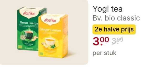 yogi tea thee 300 yogitea green energy ginger lemon bio classic 2e halve 3.99 stuk folder aanbieding bij Picnic Yogi Tea thee folder aanbieding bij Picnic - details