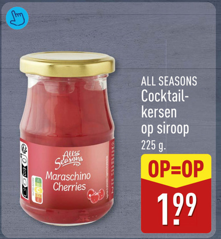 fruitconserven 225 seasons maraschino cherries all cocktail kersen siroop folder aanbieding bij Aldi