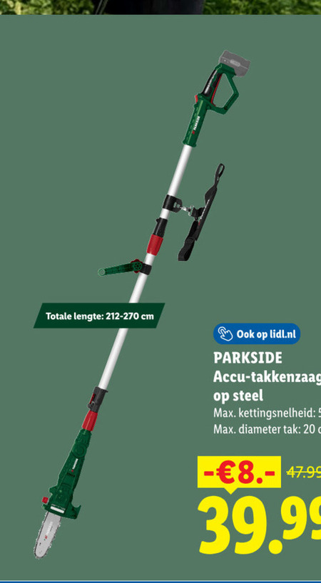 takkenzaag 20 lengte cm lidl.nl parkside accu steel kettingsnelheid diameter tak folder aanbieding bij Lidl