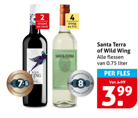 witte wijn rode 2 4 8 soepel rond droog fris wild hamersma merlot santa terra sauvignon blanc wing flessen liter fles folder aanbieding bij Hoogvliet