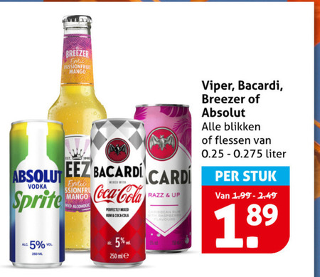 bacardi mixdrank hard seltzer 5 250 absolut vodka sprite 250ml breezer exotic passionfruit mango red alcoholic mixed with coca cola perfectly rum razz up caribbean flavours viper blikken flessen 0.25 liter stuk folder aanbieding bij Hoogvliet Bacardi mixdrank, hard seltzer folder aanbieding bij Hoogvliet - details