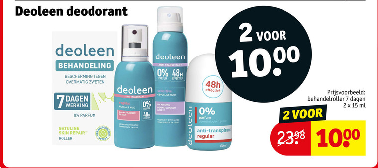 deoleen deodorant 2 7 15 1000 bescherming zweten dagen werking parfum skin repair roller anti transpirant regular huid dermatologisch getest overmatige transpiratie geur effectief sensitive gevoelige alcohol ml 50ml folder aanbieding bij Kruidvat Deoleen deodorant folder aanbieding bij Kruidvat - details