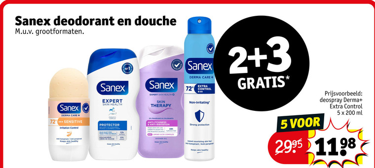 sanex deodorant douchegel 2 3 5 200 douche grootformaten derma care sensitive irritation control anti transpirant anti-perspirant keeps skin healthy expert health prebiotic complex protector barriere huidtypes tous types peaux hydration therapy fragrance colorants for people amino acid shower oil feel strong protection instant nourishing deospray ml folder aanbieding bij Kruidvat Sanex douchegel, deodorant folder aanbieding bij Kruidvat - details